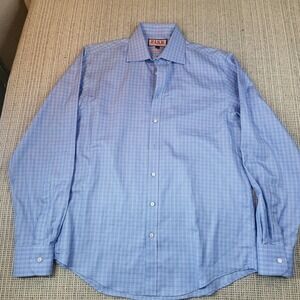Thomas Pink Dress Shirt Mens 15.5 Blue Check Slim Fit Traveller Long Sleeve